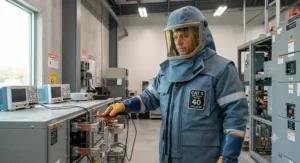 Category 2 arc flash protective jacket shown with matching hood and face shield PPE kit.