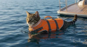 Illustration of a cat floating safely in water with a high-visibility reflective life vest.