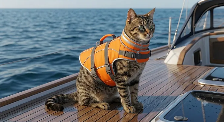 Illustration of a cat sitting on a boat deck wearing a high-visibility reflective life vest.