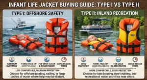 Buying guide graphic helping parents choose between a Type I vs Type II infant life jacket based on boating conditions.