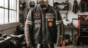 A classic men's leather motorcycle racing jacket featuring vintage patch details.