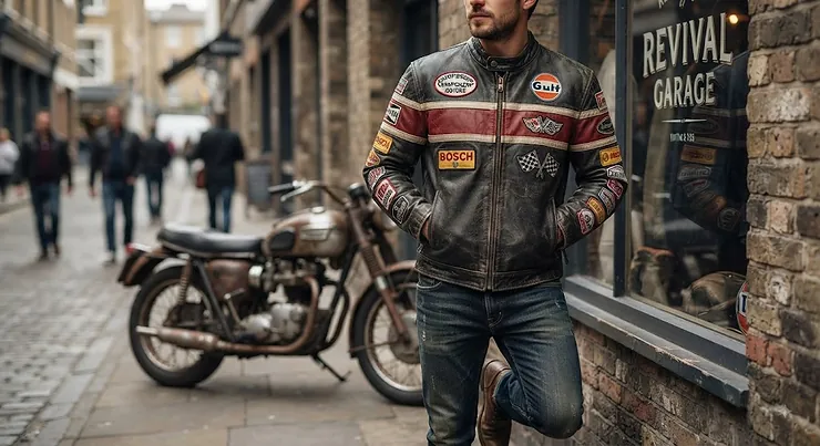 A classic retro racing jacket with vintage-style patches, featuring a timeless design perfect for a casual streetwear look.