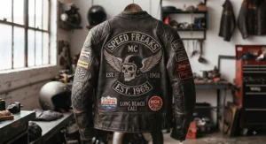 A custom-embroidered leather racing jacket featuring vintage sponsor patches.