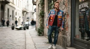 Formula 1 inspired retro racing jacket featuring vibrant sponsor patches and a sleek, bold color-blocked design.