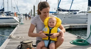 Mother fastening the buckles and safety crotch strap of a USCG approved infant PFD before boarding a boat.