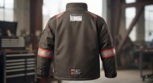 Back view of a durable FR insulated jacket displaying standard safety compliance tags and ergonomic pleats.
