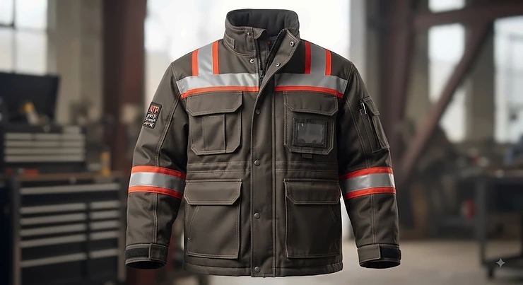 Front view of a heavy-duty FR insulated jacket designed for cold weather industrial work and arc flash safety.