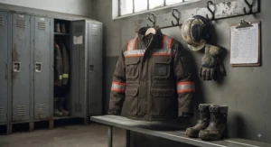 NFPA 70E compliant FR insulated jacket hanging in a job site locker room ready for winter shift work.
