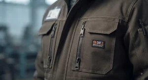 Close-up of secure zippered chest pockets on a heavy-duty FR insulated jacket for secure tool storage.