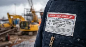 Close up of the safety compliance tag on an FR rated work jacket showing the arc flash protection rating.