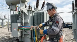 Utility worker in a heavy-duty arc flash protective jacket servicing high-voltage substation equipment.