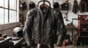 A heavy-duty armored leather motorcycle jacket designed for both style and safety.