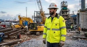 High visibility FR rated work jacket featuring bright yellow fabric and reflective silver stripes.