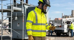 High-visibility safety yellow arc flash protective jacket with reflective striping for utility workers.