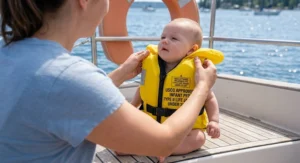 Parent testing the fit of a USCG approved infant PFD by gently lifting up on the shoulder straps.