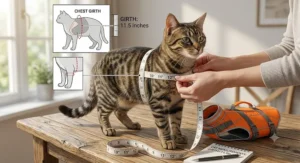Diagram illustration demonstrating how to measure a cat's chest girth for a reflective life vest.