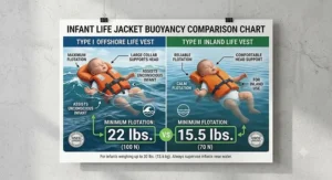 Infant life jacket buoyancy chart comparing the minimum flotation ratings of Type I and Type II life vests.