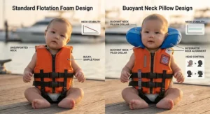 Infant wearing a life jacket with head support while safely relaxing on a family boat deck.
