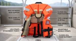 Diagram showing an infant life jacket cushion collar designed to keep a baby's head resting above water.
