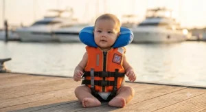 Infant PFD head support comparison showing standard flotation foam versus buoyant neck pillow designs.