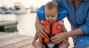 Illustration showing an infant floating face-up in calm water supported by a padded PFD collar.