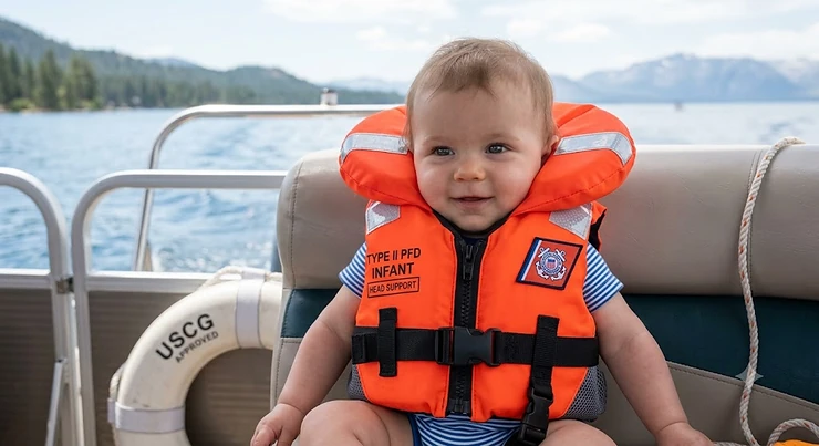 Infant wearing a high-visibility life jacket featuring built-in padded head support for neck stability.