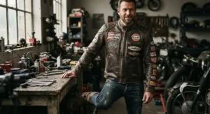 Premium leather retro racing jacket detailed with iconic patches for a rugged, high-quality vintage appearance.