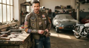 A unique limited edition retro racing jacket with detailed patches and embroidered accents, perfect for vintage car enthusiasts.