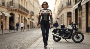 A fashion model wearing a luxury designer leather racing jacket on a city street.