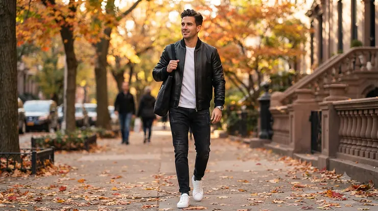 Man wearing a classic black leather bomber jacket over a white t-shirt for a casual fall outfit. best leather bomber jacket men