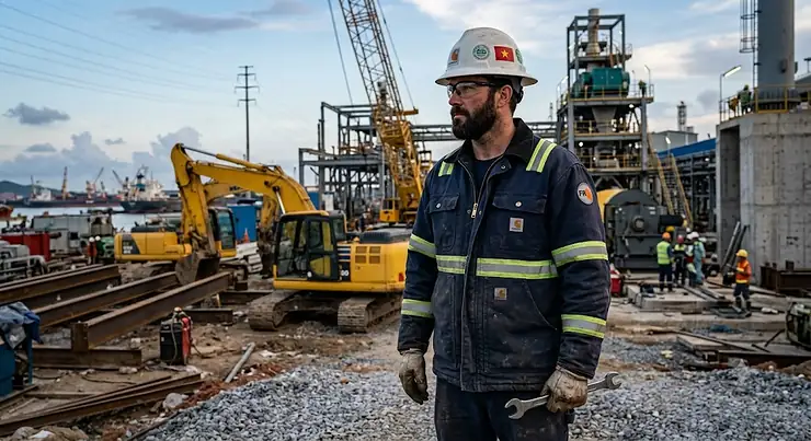 A worker wearing a heavy duty men's FR rated work jacket on an industrial job site.