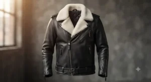 Warm winter mens leather biker jacket styled with a detachable shearling fur collar