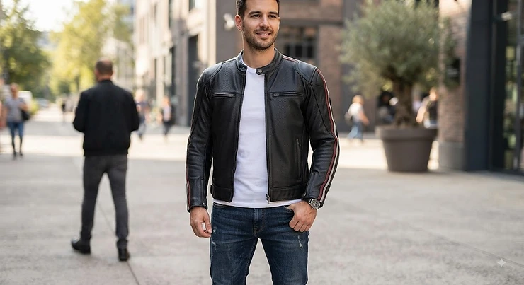 Man wearing a black perforated leather racing jacket over a white t-shirt, showcasing the breathable front ventilation.