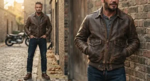 Rugged vintage distressed leather bomber jacket designed for men, paired with dark denim jeans.