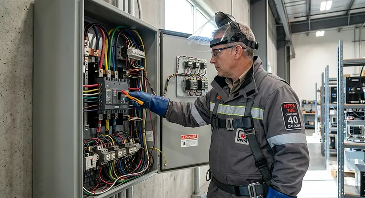 Electrician wearing an NFPA 70E compliant arc flash protective jacket while inspecting a live industrial electrical panel.