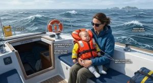 Illustration of a Type I infant life jacket optimized for rough open ocean waters and delayed rescue times.
