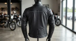 Back view of a sleek black perforated leather racing jacket highlighting the action-back shoulder gussets.