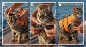 Step-by-step illustration showing how to properly fit a reflective life vest on a cat.