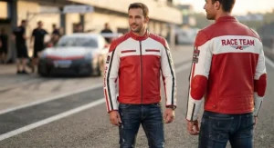 Bold red and white perforated leather racing jacket featuring sporty color block stripes on the sleeves.
