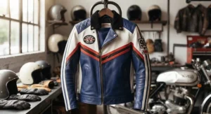 A retro color-block leather biker jacket showcasing classic 90s racing aesthetics.