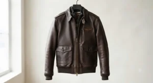 Front view of a sleek brown leather flight jacket showcasing heavy-duty zippers and pockets.