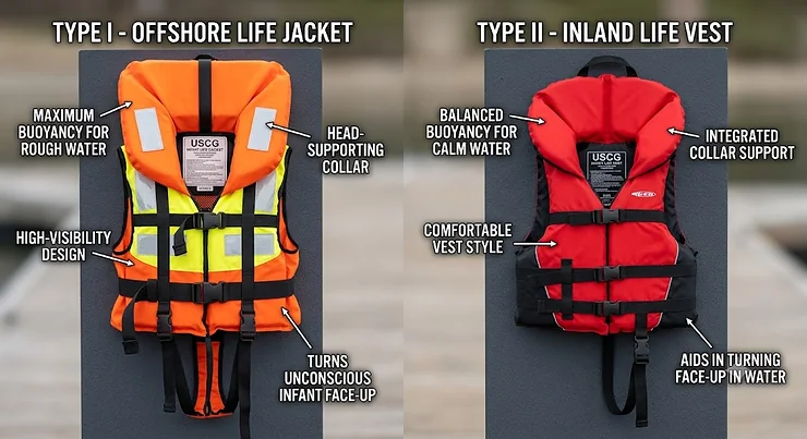 Side by side comparison of a Type I vs Type II infant life jacket highlighting design and flotation differences. Type II vs Type I infant life jacket