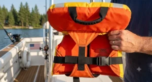 Close up illustration of a Type II infant life jacket featuring a secure crotch strap and grab handle.