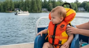 Type II infant life vest ideal for calm inland waters and recreational boating safety.