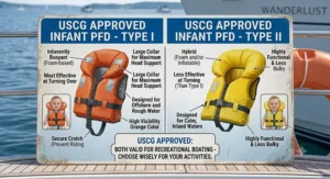 Visual breakdown comparing Type I and Type II USCG approved infant PFD designs for recreational boating.