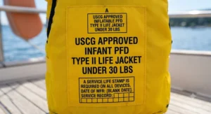 Close-up illustration of the official USCG approved infant PFD certification stamp printed on the inner label.