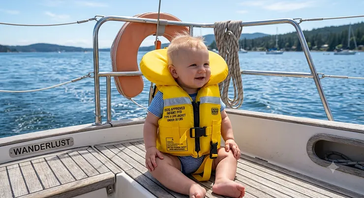 Infant wearing a bright yellow USCG approved infant PFD with head support pillow on a boat deck.