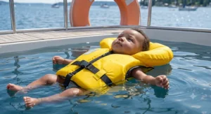 Illustration of a baby floating face-up in calm water while wearing a USCG approved infant PFD collar pillow.
