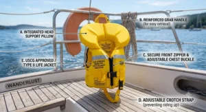 Diagram showing essential safety features of a USCG approved infant PFD including grab handle and crotch strap.