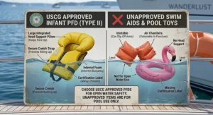 Comparison chart contrasting a USCG approved infant PFD with unapproved arm floaties and pool toys.